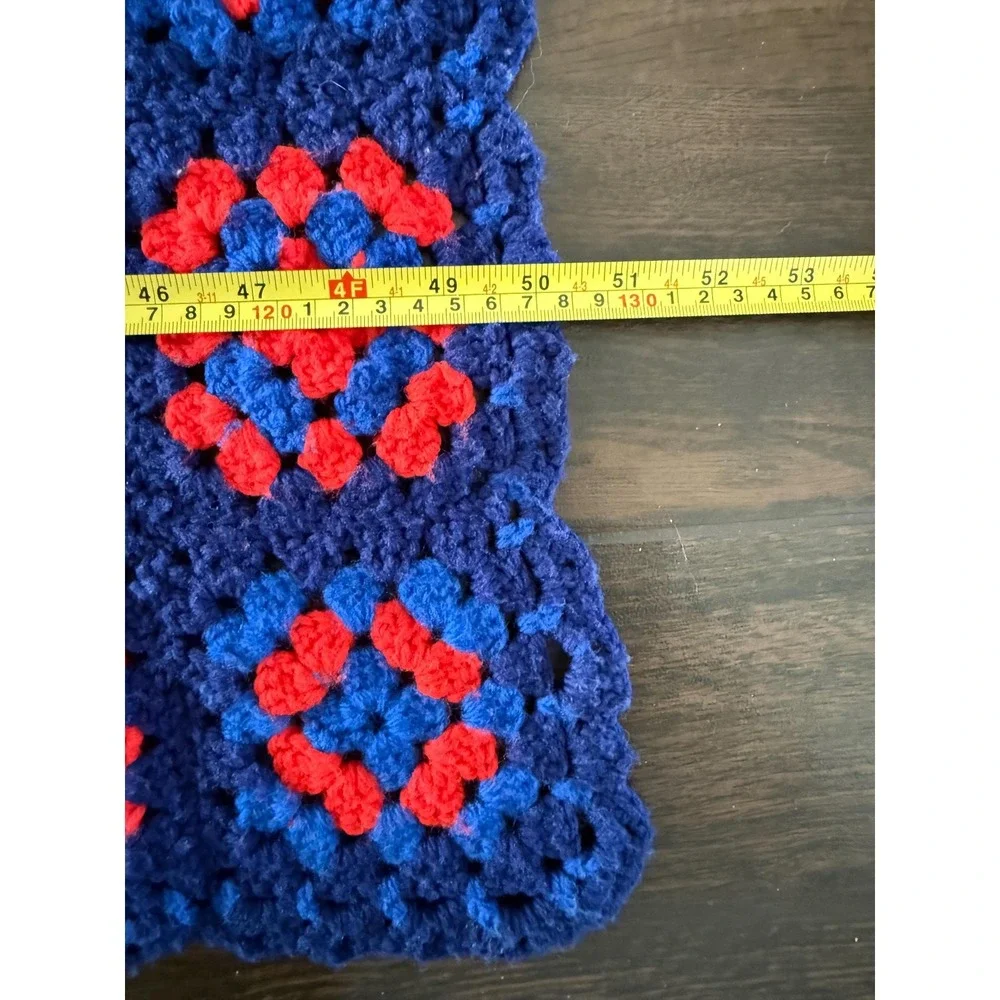 VTG Handmade Patriotic Granny Square Blanket Red White Blue Crochet Afghan 35x50